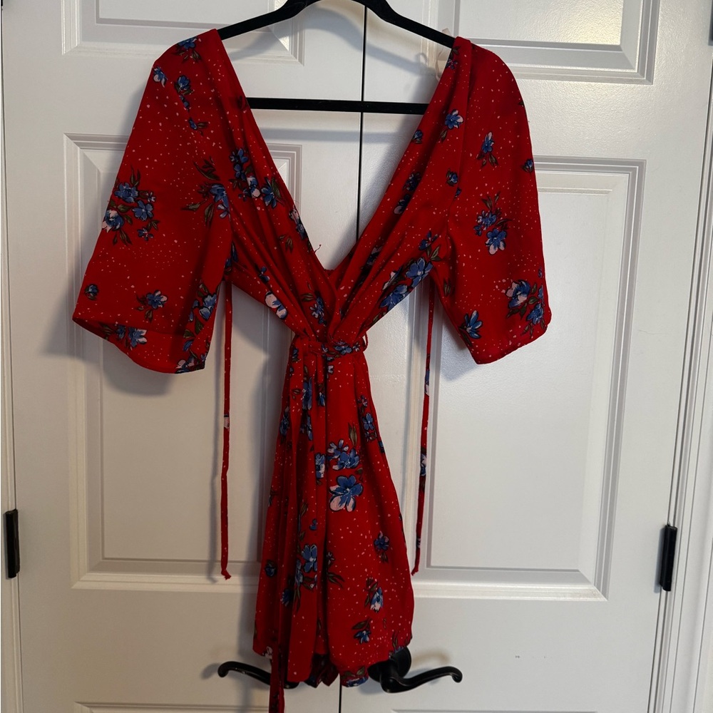 Red Floral Wrap Romper Dress